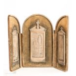 A 19th century French engraved metal triptych, each panel mounted to the three-part case.