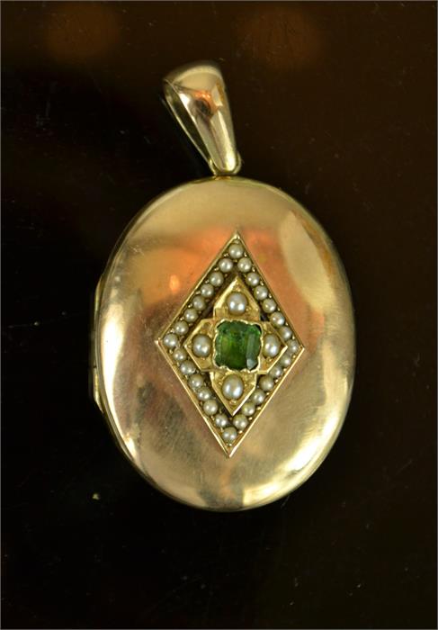 A 9ct gold, seed pearl and enamel locket, 12.4g.