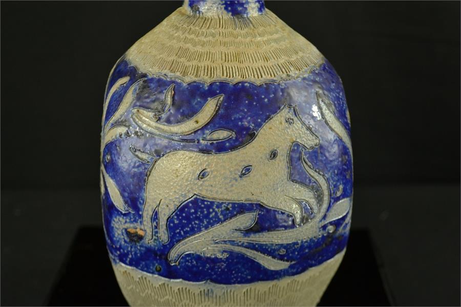 A stoneware blue glazed Westerwald type jug, of baluster square form, incised with animals, 28cm - Bild 4 aus 4