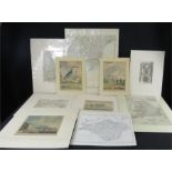 A group of 18th and 19th century prints, some hand tinted, to include maps, architecture,