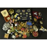 A quantity of military badges, miniature medals, Fire Brigade badges, etc.