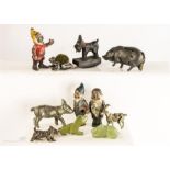 A quantity of animal figures, including lead Beatrix potter frog, jade rabbit, silver marcasite