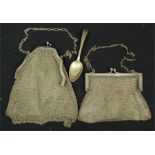 Two chain silver metal evening bags, Edwardian, and a silver spoon.