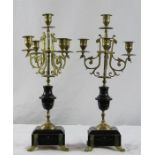 A pair of gilt brass onyx and slate candleabra, 46cm high.