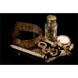 A quantity of silver to include a bangle, salt spoons, glass bottle with silver top, silver