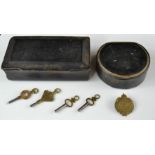 A Victorian papier mache snuff box, leather box, watch keys and Yeomanry badge.