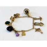 A 9ct gold charm bracelet with nine charms and a heart form clasp and safety chain, 11.2g.