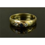 A 9ct gold, diamond and sapphire ring, size O, 1.7g.