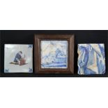 Three 18th century blue and white Delft tiles, one mounted into a frame.