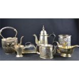 A group of silver plated items to include jug, wine cooler, cheese dish etc.