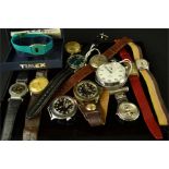 A group of wristwatches to include Russian military examples, Smiths Stopwatch etc.