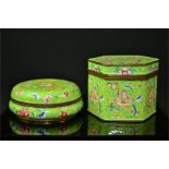 Two Chinese enamelled boxes, with green ground, one of hexagonal form.
