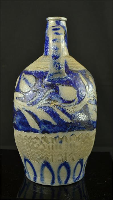 A stoneware blue glazed Westerwald type jug, of baluster square form, incised with animals, 28cm - Bild 2 aus 4
