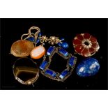 A group of jewellery to include Lapis Lazuli egg, agate brooches, and Lapis style necklace and