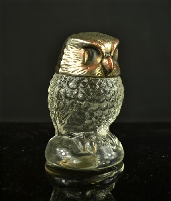 A pressed glass owl with silver plated head form top. 9½cm high. - Image 2 of 2