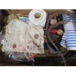 A boxed lot of Haberdashery, to include cottons, ribbons, tapestry, sampler, old tins etc.