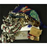 A group of items to include Girl Guides belt, whistle and knife, WWII medals, cigarette case etc.