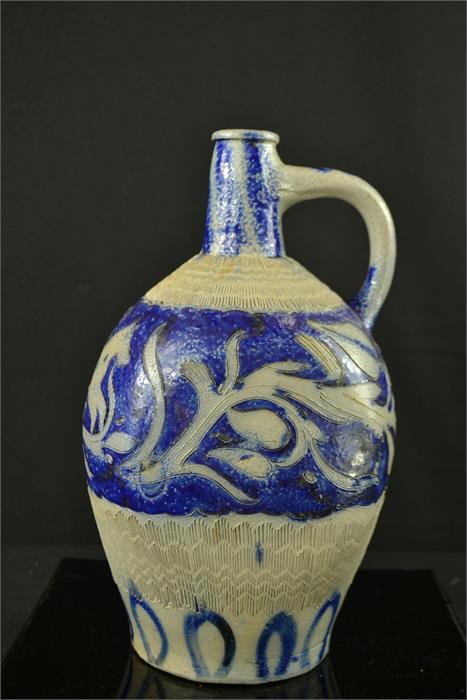 A stoneware blue glazed Westerwald type jug, of baluster square form, incised with animals, 28cm - Bild 3 aus 4