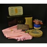 A group of home front collectables ARP First Aid tin, Mickey Mouse gas mask, Home Guard badges,