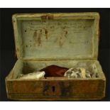 A leather clad box containing agate slices, specimen marble etc, inscription to interior lid.