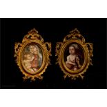 Two miniature frames containing prints.