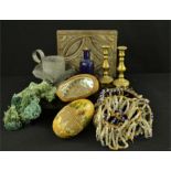 A miscellaneous group including mini brass candlesticks, mother of pearl shell, tin Arts & Crafts