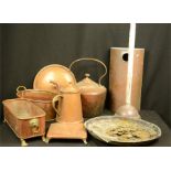 A group of copper ware to include kettle, jardinere, dish etc.