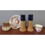 A Doulton stoneware jar, and pair of vases, early Masons plate and a cup.