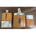 Three silver plated and leather bound hip flasks.