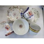 A group of ceramics including Chinese Armorial brush holder, jug, Newhall dishes, rice bowl and cup.