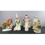 A group of porcelain figures to include a dancing lady, lady and gent courting, Royal Doulton HN2944
