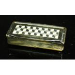 A 19th century horn snuff box with tumbling block design inlaid to the lid, 77 by 37mm