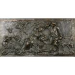 A bronze plaque depicting Shepherd & Shepherdess tending their flock, 32 by 62cm.