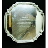 A silver presentation tray, Birmingham 1958, bearing inscription to Mr John M Perkins, December