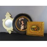 A circular framed picture, white painted mirror and gilt framed picture.