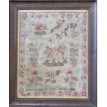 A Victorian sampler by Frances Cooker, Anno Domini 1830, depicting lady with flowers and a pheasant,