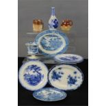 A group of 19th century miniature blue and white plates, and stoneware jug and tankard.