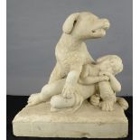 A 19th century marble sculpture of a dog guarding a sleeping child, 42 by 38 by 25cm.