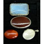 A group of silver to include a silver locket, silver and agate brooch, agate brooch and a silver