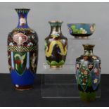 A group of cloisonne vases and a bowl, ranging from 5cm high to 31cm high.