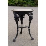 A cast iron table, with tray top, the legs cast with female face masks.