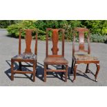 Three oak single chairs, early 19th century, one late 18th century with tapestry drop in seat.