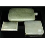 An early pewter hip flask, two silver plated cigarette cases. (3)