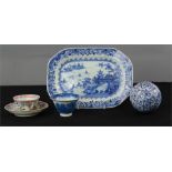 A 19th century blue and white plate, Chinese tea bowl, cup and saucer etc.