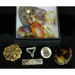 A group of brooches including an Art Nouveau rectangular enamelled brooch.