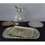 A group of silver plateware, to include a footed dish by Morton & Co, trays, sauce boat etc.