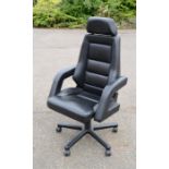 A black leather gaming / office chair with swivel base.