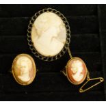 Two 9ct gold cameo rings, and a cameo brooch.