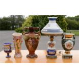 A group of various vases, one green ground urn shaped, one French style vase with pink ground and