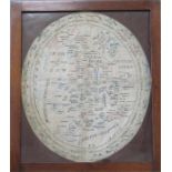 A Victorian embroidered oval map of England, 53 by 45cm.